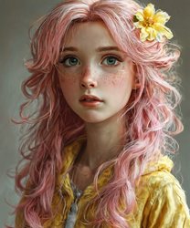 Size: 1280x1536 | Tagged: safe, ai content, derpibooru import, machine learning generated, fluttershy, human, g4, bust, clothes, female, flower, flower in hair, freckles, generator:playground ai, gradient background, humanized, looking at you, messy hair, open mouth, portrait, prompter:pawels, realistic, solo