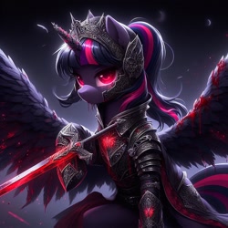 Size: 1024x1024 | Tagged: safe, ai content, derpibooru import, generator:dall-e 3, machine learning generated, twilight sparkle, twilight sparkle (alicorn), alicorn, pony, armor, blood, female, looking at you, mare, red eyes, solo, sword, weapon