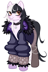 Size: 2659x4000 | Tagged: safe, artist:wtfponytime, derpibooru import, earth pony, pony, bags under eyes, blushing, chains, choker, clothes, coat, fur coat, gradient legs, hololive, hololive advent, jacket, ponified, shiori novella, simple background, socks, solo, species swap, tail, transparent background, two toned mane, two toned tail, vtuber