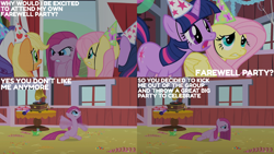 Size: 2000x1125 | Tagged: safe, derpibooru import, edit, edited screencap, editor:quoterific, screencap, applejack, fluttershy, gummy, pinkie pie, rarity, twilight sparkle, unicorn twilight, unicorn, g4, party of one, barn, cake, confetti, ears, floppy ears, food, hat, party hat, pinkamena diane pie, record player