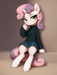 Size: 2144x2816 | Tagged: safe, ai content, derpibooru import, machine learning generated, sweetie belle, pony, unicorn, g4, blouse, clothes, female, filly, foal, freckles, skirt, solo