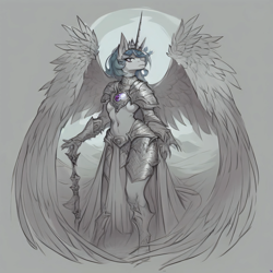 Size: 3070x3070 | Tagged: safe, ai content, derpibooru import, generator:pony diffusion v6 xl, generator:stable diffusion, machine learning generated, princess celestia, alicorn, anthro, armor, belly button, black and white, female, full body, grayscale, jewelry, large wings, mare, monochrome, prompter:sundear, regalia, solo, spread wings, sword, weapon, wings