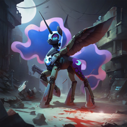 Size: 4090x4090 | Tagged: safe, ai content, derpibooru import, generator:pony diffusion v6 xl, generator:stable diffusion, machine learning generated, nightmare moon, alicorn, absurd resolution, armor, blood, female, full body, mare, moon, night, prompter:sundear, ruins, solo, spread wings, weapon, wings