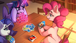 Size: 1920x1080 | Tagged: safe, artist:sugarstar, derpibooru import, pinkie pie, rarity, twilight sparkle, twilight sparkle (alicorn), alicorn, earth pony, pony, unicorn, book, bookshelf, card, card game, holding, horn, magic, open mouth, open smile, playing card, sitting, smiling, table, uno