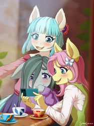 Size: 1600x2134 | Tagged: safe, artist:symbianl, derpibooru import, coco pommel, fluttershy, marble pie, anthro, earth pony, pegasus, g4, cellphone, crying, cup, ears, eye clipping through hair, eyebrows, eyebrows visible through hair, female, floppy ears, looking at something, mare, open mouth, open smile, phone, smartphone, smiling, teacup, the council of shy ponies, trio, trio female