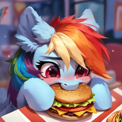 Size: 918x920 | Tagged: safe, ai content, derpibooru import, generator:purplesmart.ai, generator:stable diffusion, machine learning assisted, machine learning generated, rainbow dash, pegasus, pony, g4, blushing, burger, cute, detailed, detailed hair, ear fluff, ears, eating, fluffy, food, happy, hungry, meat, multicolored hair, nom, pink eyes, ponies eating meat, prompter:saltyvity, rainbow hair, restaurant, solo