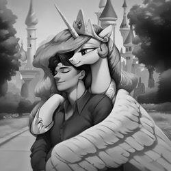 Size: 1024x1024 | Tagged: safe, ai content, derpibooru import, generator:purplesmart.ai, generator:stable diffusion, machine learning generated, princess celestia, alicorn, human, black and white, canterlot, canterlot castle, clothes, crown, eyes closed, garden, grayscale, hug, jewelry, monochrome, peytral, regalia, shirt, smiling, winghug, wings