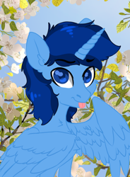 Size: 442x602 | Tagged: source needed, safe, artist:cherrypurr, derpibooru import, oc, oc:blue thunder, alicorn, flower, tongue, tongue out, wings