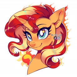 Size: 2080x2105 | Tagged: safe, artist:l4zy_4le, derpibooru import, sunset shimmer, pony, unicorn, g4, blushing, bust, cutie mark, ear blush, female, fire, high res, horn, looking up, mare, signature, simple background, smiling, solo, white background