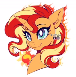 Size: 2080x2105 | Tagged: safe, alternate version, artist:l4zy_4le, derpibooru import, sunset shimmer, pony, unicorn, g4, bust, colored, cutie mark, female, fire, flat colors, high res, horn, looking up, mare, signature, simple background, smiling, solo, white background