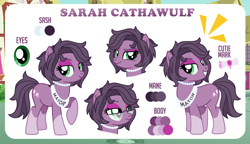 Size: 1200x689 | Tagged: safe, artist:jennieoo, derpibooru import, oc, oc:sarah cathawulf, earth pony, pony, bored, commission, cutie mark, eye, eyes, glasses, looking at you, mayor, reference sheet, show accurate, simple background, smiling, smiling at you, smug, solo, vector