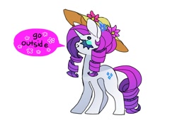 Size: 990x714 | Tagged: safe, artist:cutesykill, derpibooru import, rarity, pony, g4, beanbrows, colored eyebrows, eyebrows, eyes closed, eyeshadow, female, flower, hat, horn, makeup, mare, profile, purple mane, purple tail, ringlets, simple background, smiling, solo, speech bubble, standing, sun hat, tail, text, thick eyelashes, wavy mane, wavy tail, white background, white coat