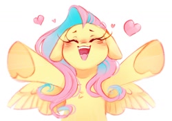 Size: 1421x1003 | Tagged: safe, artist:melodylibris, derpibooru import, fluttershy, pony, g4, alternate design, alternate hair color, blushing, bust, chest fluff, cute, ears, eyelashes, eyes closed, female, floppy ears, frog (hoof), heart, hoof heart, incoming hug, long eyelashes, mare, open mouth, open smile, pink mane, reaching, shyabetes, small wings, smiling, solo, spread wings, two toned mane, underhoof, wavy mane, wing fluff, wings