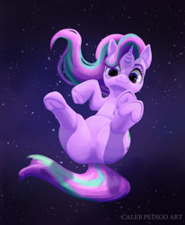 Size: 2950x3574 | Tagged: safe, artist:calebpedigo, derpibooru import, starlight glimmer, pony, unicorn, g4, belly, butt, butt focus, chubby, featureless crotch, female, floating, frog (hoof), glimmer glutes, high res, horn, looking at you, mare, plot, round belly, smiling, smiling at you, solo, space, thighs, thunder thighs, underhoof