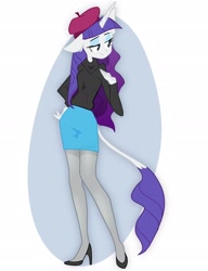 Size: 1900x2480 | Tagged: safe, artist:indivirtual_, derpibooru import, rarity, anthro, g4, abstract background, beatnik rarity, beret, clothes, eyeshadow, female, hat, high heels, makeup, shoes, skirt, smiling, solo, stockings, sweater, thigh highs