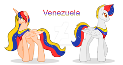 Size: 1280x683 | Tagged: safe, artist:elizaro622044, oc, oc only, alicorn, pegasus, pony, duo, female, male, nation ponies, ponified, species swap, venezuela