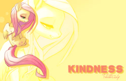 Size: 1451x938 | Tagged: safe, artist:sambragg, derpibooru import, fluttershy, pegasus, pony, g4, female, kindness, lidded eyes, looking away, looking down, mare, sitting, smiling, solo, wings, zoom layer