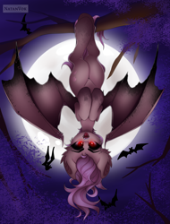 Size: 4320x5680 | Tagged: safe, artist:natanvok, derpibooru import, fluttershy, bat, bat pony, pony, g4, absurd resolution, bat ears, bat ponified, bat wings, fangs, female, flutterbat, full moon, hanging, hanging upside down, looking at you, mare, moon, open mouth, outdoors, race swap, solo, spread wings, tongue, tongue out, tree branch, upside down, wings