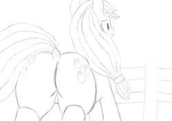 Size: 1234x873 | Tagged: safe, artist:theonlyone, derpibooru import, applejack, earth pony, pony, g4, applebucking thighs, applebutt, both cutie marks, butt, dock, featureless crotch, fence, hatless, missing accessory, monochrome, plot, rear, simple background, sketch, solo, tail, thighs, thunder thighs, white background, wip, worried