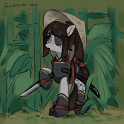 Size: 4096x4096 | Tagged: safe, artist:metaruscarlet, derpibooru import, oc, oc only, oc:ohasu, earth pony, pony, bamboo, clothes, eye scar, eyepatch, facial scar, forest background, hat, japanese, katana, kimono (clothing), leaves, open mouth, ponytail, ribbon, scar, solo, sword, tattoo, weapon