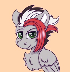 Size: 1752x1806 | Tagged: artist needed, source needed, safe, derpibooru import, oc, oc only, oc:damiyan, pegasus, green eyes, orange background, simple background, solo, white fur