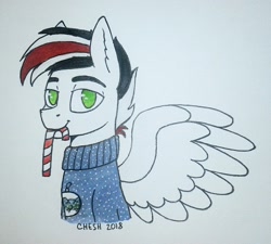 Size: 1704x1533 | Tagged: artist needed, source needed, safe, derpibooru import, oc, oc only, oc:damiyan, pegasus, candy, candy cane, christmas, clothes, food, green eyes, holiday, mouth hold, simple background, solo, sweater, traditional art, white background, white fur