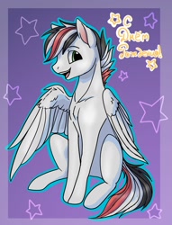 Size: 1106x1448 | Tagged: source needed, safe, artist:megabait, derpibooru import, oc, oc only, oc:damiyan, pegasus, pony, abstract background, birthday, collarbone, cyrillic, gradient background, green eyes, old art, russian, solo, sternocleidomastoid, text, white fur