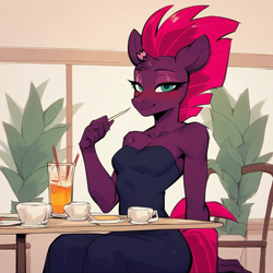Size: 1024x1024 | Tagged: safe, ai content, derpibooru import, generator:purplesmart.ai, generator:stable diffusion, machine learning generated, tempest shadow, anthro, unicorn, g4, blushing, broken horn, clothes, cup, date, dress, drink, eye scar, facial scar, female, horn, indoors, lidded eyes, looking at you, mare, potted plant, prompter:stormblazer92, restaurant, scar, shoulderless, sitting, smiling, smiling at you, strapless, strapless dress, table, teacup, window