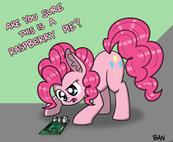 Size: 1844x1512 | Tagged: safe, artist:banquo0, derpibooru import, pinkie pie, earth pony, pony, g4, circuit board, computer, confused, curious, ear fluff, ears, open mouth, pun, raspberry pi, solo, text, visual pun