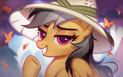Size: 1280x800 | Tagged: safe, ai content, derpibooru exclusive, derpibooru import, generator:pony diffusion v6 xl, generator:purplesmart.ai, generator:stable diffusion, machine learning generated, daring do, butterfly, pegasus, pony, g4, colored, cute, female, looking at someone, looking at you, mane, nature, nudity, outdoors, prompter:kyle bilibili, sexy, solo, teeth