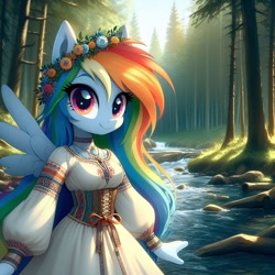 Size: 1024x1024 | Tagged: safe, ai content, derpibooru import, machine learning generated, rainbow dash, anthro, pegasus, g4, clothes, cyrillic, dress, floral head wreath, flower, forest, nature, rainbow dash always dresses in style, river, russian, slavic, solo, tree, water