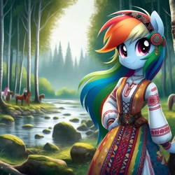 Size: 1024x1024 | Tagged: safe, ai content, derpibooru import, machine learning generated, rainbow dash, anthro, g4, cyrillic, forest, nature, river, russian, slavic, solo, tree, water