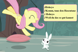 Size: 1008x672 | Tagged: safe, derpibooru import, edit, edited screencap, editor:korora, screencap, angel bunny, fluttershy, g4, she talks to angel, angelbetes, cropped, cute, german, hasentanz, lyrics, schnuffel, shyabetes, song reference, text, translated in the description
