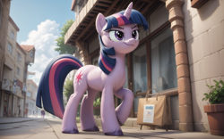 Size: 1280x800 | Tagged: safe, ai content, derpibooru exclusive, derpibooru import, generator:pony diffusion v6 xl, generator:purplesmart.ai, generator:stable diffusion, machine learning generated, twilight sparkle, unicorn twilight, pony, unicorn, g4, 3d, colored, confidence, female, horn, looking at someone, mane, mare, outdoors, prompter:kyle bilibili, show accurate, smirk, solo, street, town