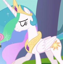 Size: 1067x1080 | Tagged: safe, derpibooru import, screencap, fluttershy, princess celestia, alicorn, pegasus, pony, g4, keep calm and flutter on, concave belly, cropped, eyes closed, jewelry, regalia, slender, smiling, thin