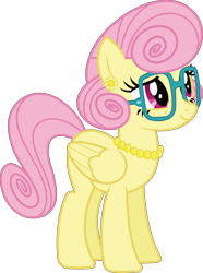 Size: 1428x1920 | Tagged: safe, artist:baumkuchenpony, derpibooru import, edit, editor:jaredking779, fluttershy, posey shy, pegasus, pony, g4, ear piercing, earring, female, folded wings, glasses, jewelry, mare, necklace, palette swap, pearl necklace, piercing, recolor, simple background, solo, transparent background, vector, vector edit, wings