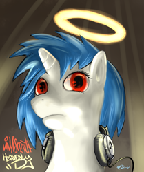 Size: 800x955 | Tagged: safe, artist:ninthsphere, derpibooru import, dj pon-3, vinyl scratch, pony, unicorn, g4, halo, headphones, horn, solo, wrong eye color