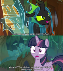 Size: 1280x1440 | Tagged: safe, derpibooru import, edit, edited screencap, editor:jaredking779, screencap, mean twilight sparkle, queen chrysalis, alicorn, changeling, changeling queen, pony, g4, season 8, season 9, the ending of the end, the mean 6, caption, duo, female, mare, text, ultimate chrysalis