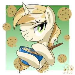 Size: 1861x1861 | Tagged: safe, artist:notadeliciouspotato, derpibooru import, sweet biscuit, pony, unicorn, g4, abstract background, bowl, bust, cookie, eyebrows, eyebrows visible through hair, female, food, gradient background, horn, looking at you, mare, one eye closed, signature, smiling, smiling at you, solo