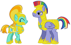 Size: 784x495 | Tagged: safe, artist:selenaede, artist:taionafan369, derpibooru import, editor:taionafan369, lightning dust, rainbow blaze, earth pony, pegasus, pony, g4, armor, base artist:selenaede, base:selenaede, boots, chestplate, croupiere, duo, duo male and female, female, gardequeue, helmet, male, male and female, mare, race swap, royal guard, saddle, ship:lightningblaze, shipping, shoes, simple background, species swap, stallion, tack, transparent background, wingless