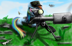 Size: 1680x1080 | Tagged: safe, artist:scatch42, derpibooru import, rainbow dash, pegasus, g4, army, gun, military, plane, rifle, scope, weapon