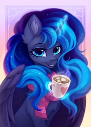 Size: 2936x4096 | Tagged: safe, artist:_rozmed_, artist:rozmed, derpibooru import, princess luna, alicorn, pony, g4, chest fluff, chocolate, clothes, cute, ear fluff, ears, eyebrows, female, food, glowing, glowing horn, gradient background, heart, high res, horn, hot chocolate, leg fluff, levitation, looking at you, lunabetes, magic, magic aura, mare, marshmallow, mug, scarf, smiling, smiling at you, solo, striped scarf, telekinesis, wings