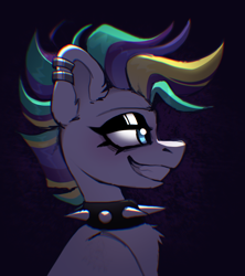 Size: 1474x1659 | Tagged: safe, artist:rtootb, derpibooru import, rarity, pony, unicorn, g4, alternate hairstyle, blue eyes, choker, collar, ear piercing, eyeshadow, female, makeup, mare, missing horn, piercing, punk, raripunk, sketch, smiling, smirk, spiked choker