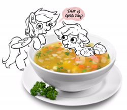 Size: 2385x2073 | Tagged: safe, artist:opalacorn, derpibooru import, oc, oc only, pegasus, pony, bowl, commission, dialogue, duo, duo male and female, ears, eating, female, floppy ears, food, herbivore, male, mare, partially submerged, ponies in food, simple background, solo, soup, speech bubble, stallion, tiny, tiny ponies, tongue, tongue out, white background