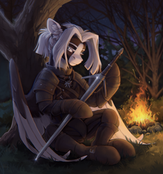 Size: 2250x2401 | Tagged: safe, artist:dorkmark, derpibooru import, oc, oc only, pegasus, pony, armor, campfire, clothes, ear piercing, forest, looking at you, nature, night, piercing, solo, sword, tree, weapon