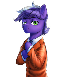 Size: 1240x1420 | Tagged: safe, artist:n0thingbutath0ught, derpibooru import, oc, oc only, oc:proudy hooves, earth pony, pony, g4, clothes, earth pony oc, formal wear, looking at you, male, necktie, simple background, smiling, solo, stallion, tuxedo, white background