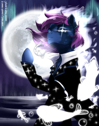 Size: 1320x1680 | Tagged: safe, artist:n0thingbutath0ught, derpibooru import, oc, fish, pony, aura, aurora borealis, clothes, moon, quote, solo, stars, text, water