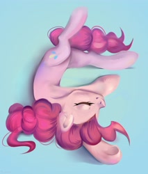 Size: 3497x4096 | Tagged: safe, artist:skeesla, derpibooru import, pinkie pie, earth pony, pony, g4, blue background, cute, diapinkes, eyes closed, female, high res, mare, simple background, sleeping, solo, upside down