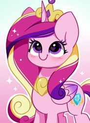 Size: 2352x3199 | Tagged: safe, artist:kittyrosie, derpibooru import, princess cadance, alicorn, pony, g4, blushing, crown, cute, cutedance, female, folded wings, gradient background, heart, heart eyes, high res, horn, jewelry, kittyrosie is trying to murder us, mare, regalia, smiling, solo, sparkles, wingding eyes, wings