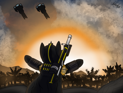 Size: 3452x2636 | Tagged: safe, artist:sroka001, derpibooru import, oc, oc only, oc:srok, pony, unicorn, complex background, crossover, game, helldivers, helldivers 2, horn, nuclear explosion, sky, solo